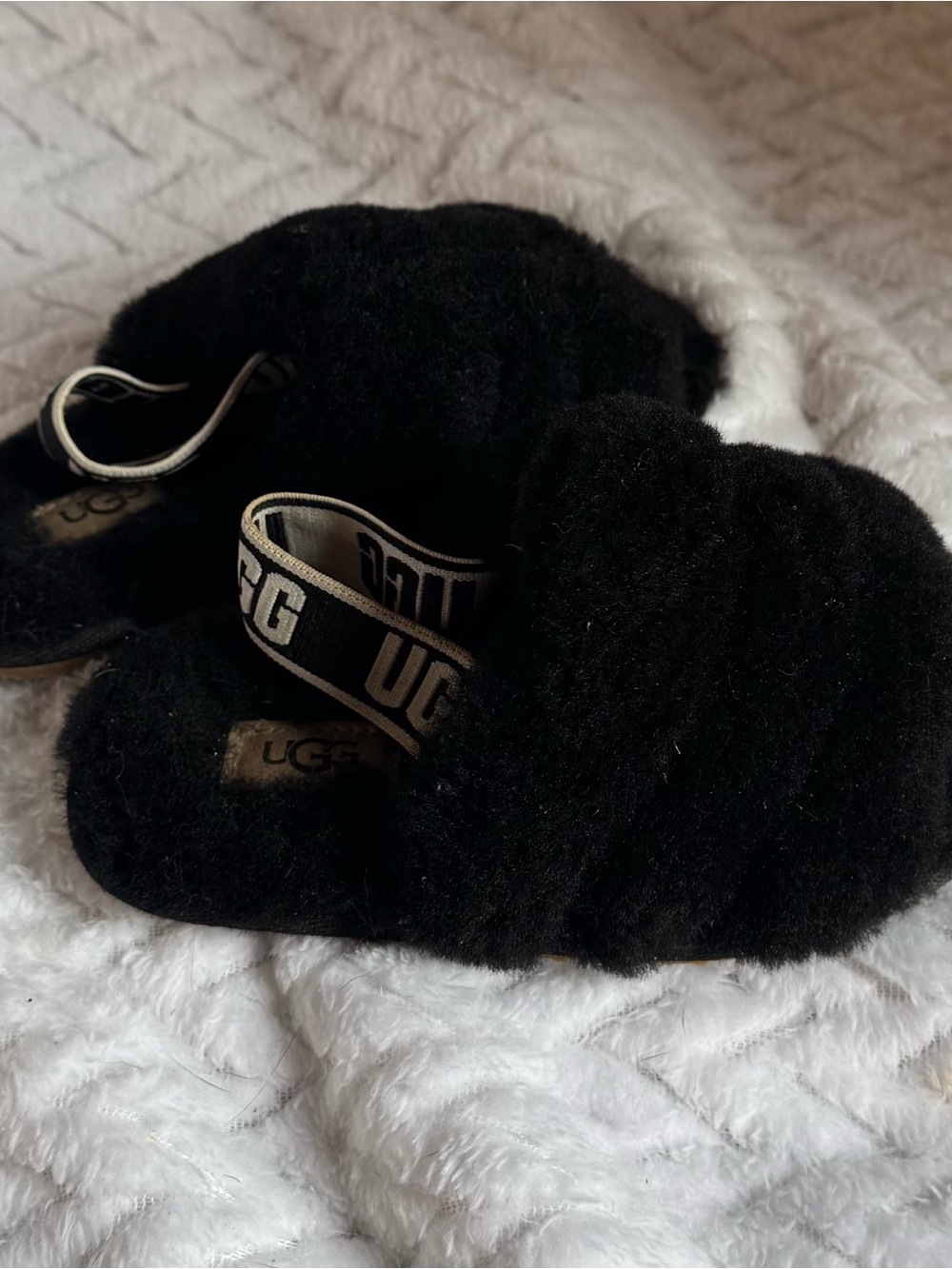 UGG Black Shearling Slide with Branded Elastic Heel Strap